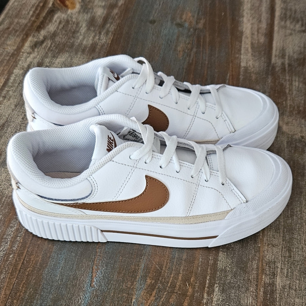 Nike Court White Leather Low-Top Sneakers with Brown Swoosh
